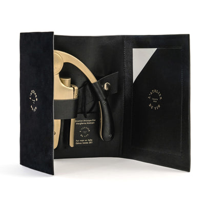 Oeno Motion Gold Nomad — gold corkscrew in matte black leather case by L'Atelier du Vin