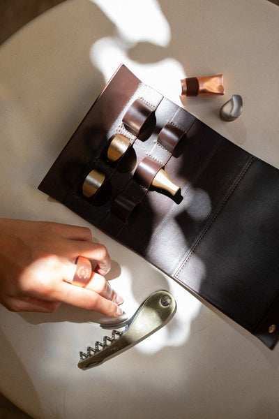Les Bijoux – 3 druppelringen en 3 stopjes in kalfslederen etui